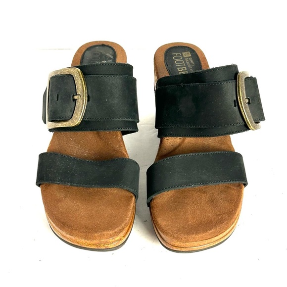 White Mountain Footbeds Slip On Platform Wedge Heel Sandals Black Leather Size 8 - Picture 2 of 12
